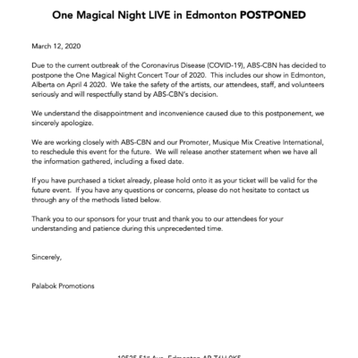Concert POSTPONED Statement